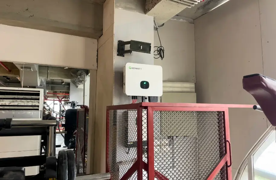 Gym DB panels with solar system installation protected by modern metal mesh design